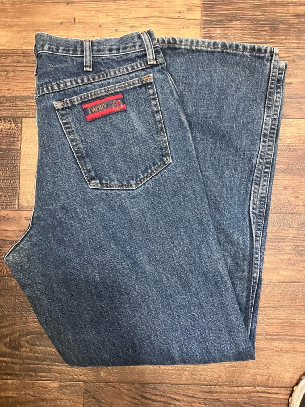 Twenty Men's Relaxed Blue Denim Jeans with Red Logo Tab